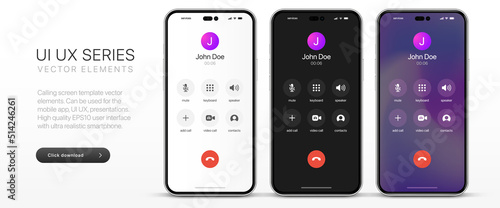 Voice call screen. Mockup incoming call, voicemail screen, smartphone interface vector UI UX template for application. New Call screen template. Mobile app display template. Vector illustration. photo