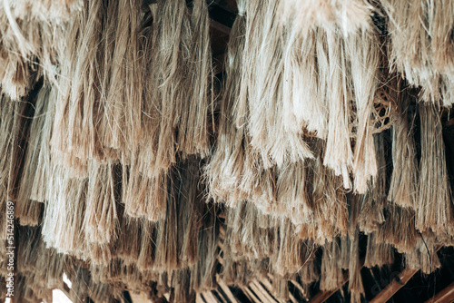 Array of hanging Abaca plant fibers, a natural leaf fiber, also called Manila hemp or Musa textilis from Banana tree leafstalk native to Philipines. Animal free item. Selected focus. Copy space.  photo