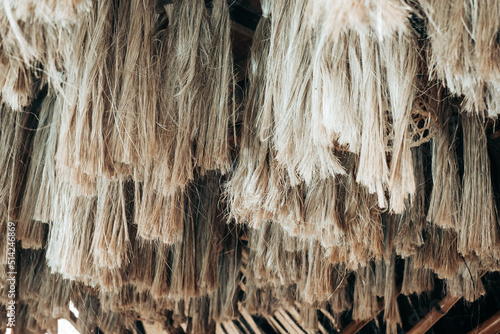 Array of hanging Abaca plant fibers, a natural leaf fiber, also called Manila hemp or Musa textilis from Banana tree leafstalk native to Philipines. Animal free item. Selected focus. Copy space. 