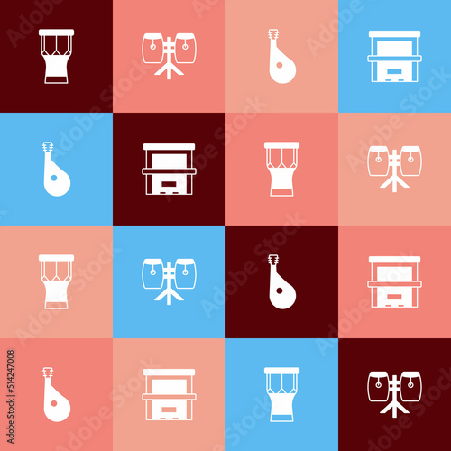 Set pop art African percussion drum, Conga drums, Bandura and Piano icon. Vector