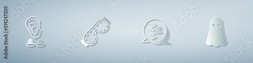 Set Earplugs and ear, Eye sleep mask, Sleepy and Ghost. Paper art style. Vector