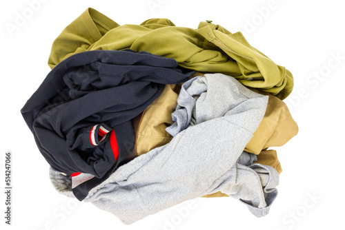 Pile of dirty laundry on a white background. Clothes for washing isolate on white.