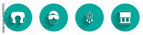 Set Travel neck pillow, Eye sleep mask, Dream catcher with feathers and Window curtains icon with long shadow. Vector