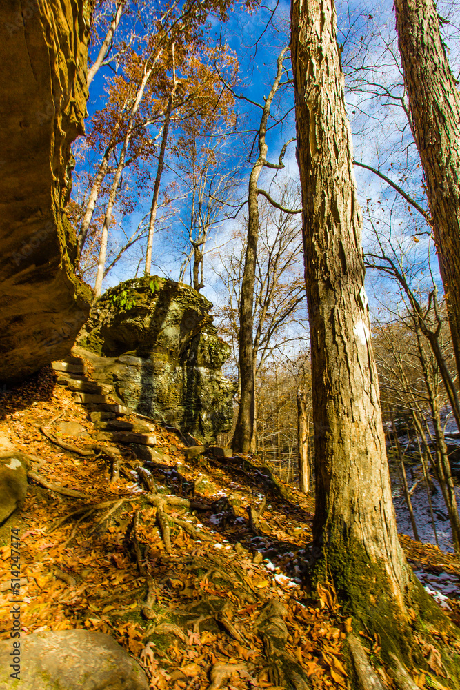 Fototapeta premium Hemlock Cliffs in Autumn after a light snow, Indiana