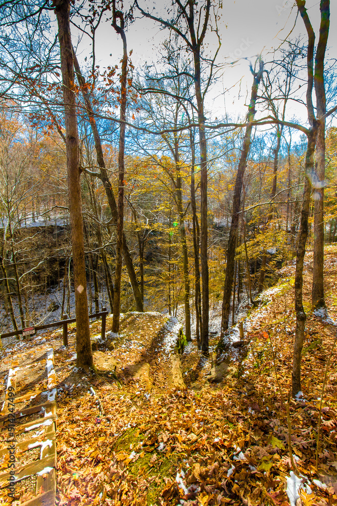 Fototapeta premium Hemlock Cliffs in Autumn after a light snow, Indiana
