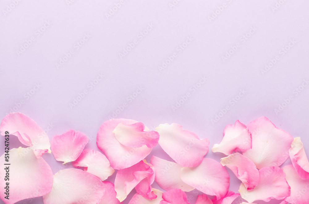 Fototapeta premium Rose flowers petals on pastel background. Valentines day background. Flat lay, top view, copy space.