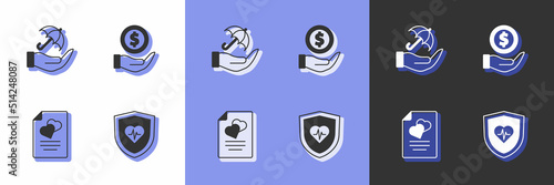 Set Life insurance with shield, Umbrella hand, Marriage contract and Money icon. Vector