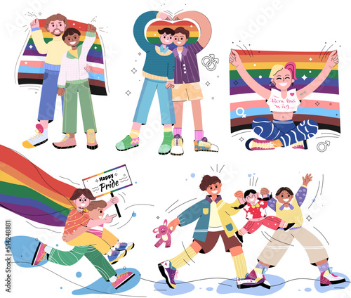 Pride month illustration of people and homosexual couples celebrating love, pride and freedom