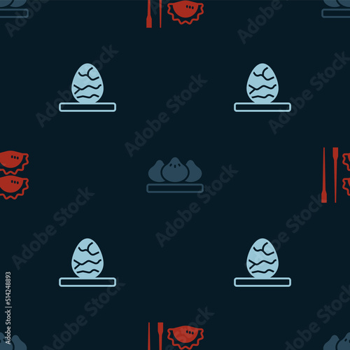 Set Dumpling with chopsticks, and Chinese tea egg on seamless pattern. Vector