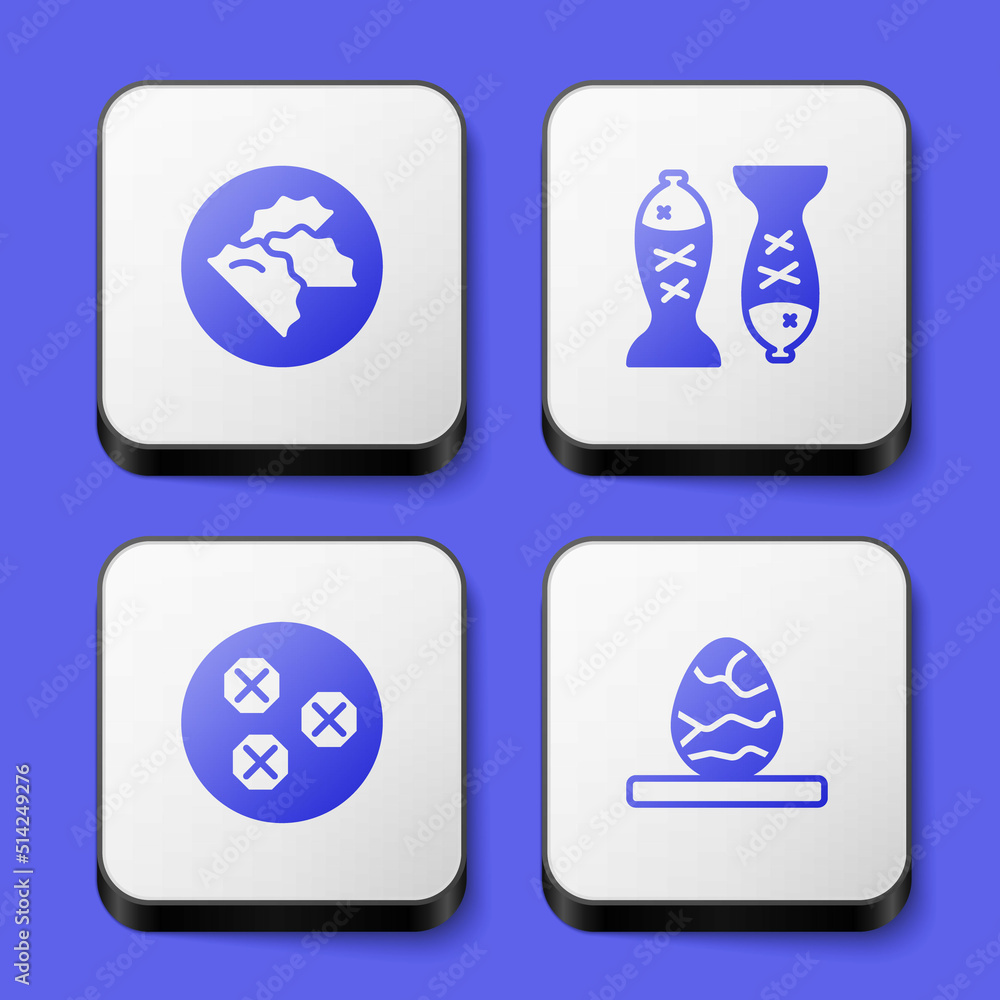 Set Dumpling, Served fish on a plate, Wonton and Chinese tea egg icon. White square button. Vector