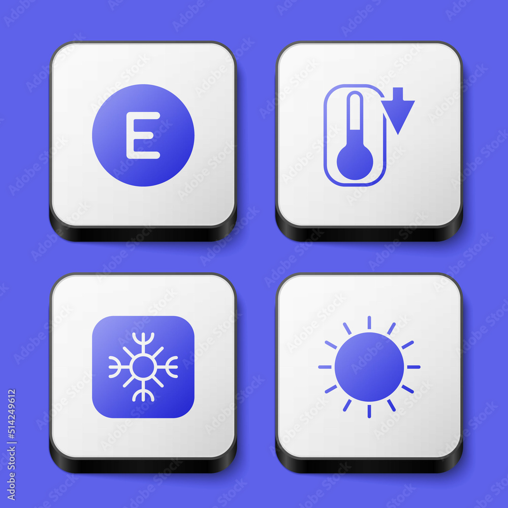 Set Compass west, Thermometer, Snowflake and Sun icon. White square button. Vector Set Compass west, Thermometer, Snowflake and Sun icon. White square button. Vector