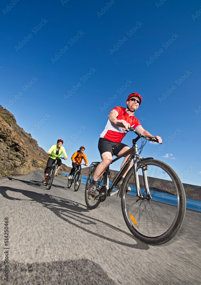 bikers cycling around Kleifarvatn on the Reykjanes Peninsula bikers cycling around Kleifarvatn on the Reykjanes Peninsula
