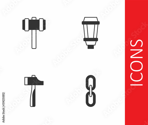 Set Chain link, Sledgehammer, Hammer and Garden light lamp icon. Vector