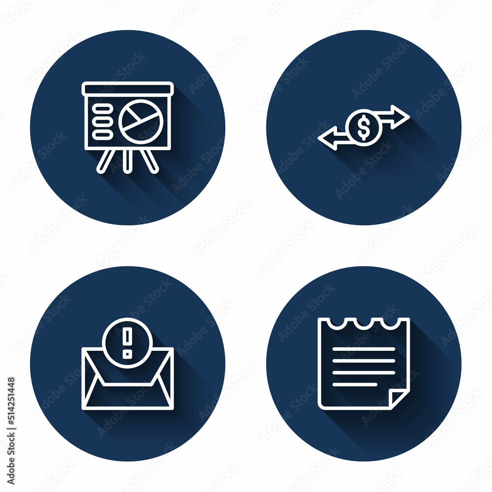 Set line Board with graph, Money exchange, Envelope and Notebook with long shadow. Blue circle button. Vector Set line Board with graph, Money exchange, Envelope and Notebook with long shadow. Blue circle button. Vector