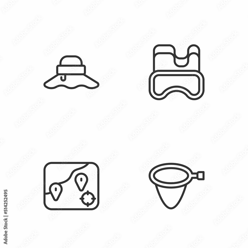Set line Fishing net, Location fishing, Fisherman hat and Diving mask icon. Vector Set line Fishing net, Location fishing, Fisherman hat and Diving mask icon. Vector