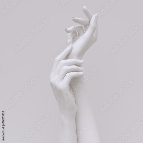 Beautiful hands pose white sculpture 3d rendering. Abstract female arms gesture aesthetic background