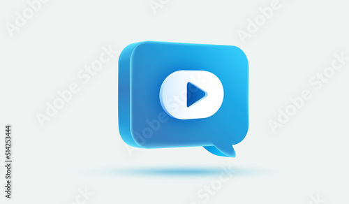 blue message bubble with Play video button 3d vector icon style. Media player sign or symbol