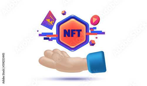 Hand with NFT non-fungible token icon with types of digital data files symbol vector illustration