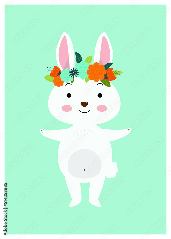 Postcard with a hare congratulations on the holidays. Rabbit in a flower wreath.