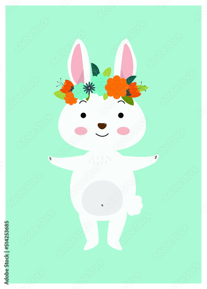 Postcard with a hare congratulations on the holidays. Rabbit in a flower wreath. Postcard with a hare congratulations on the holidays. Rabbit in a flower wreath.