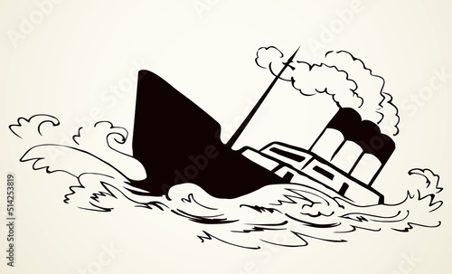 Shipwreck in the waves. Vector drawing