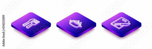 Set Isometric line Crossed knife and fork, Cooking pot and Cutting board icon. Vector