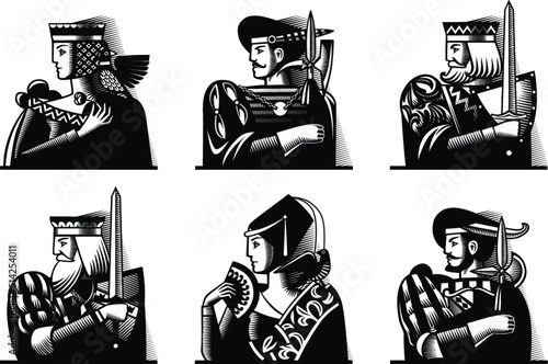 Playing cards characters in black and white vintage engraving stile