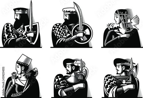 Playing cards characters in black and white vintage engraving stile