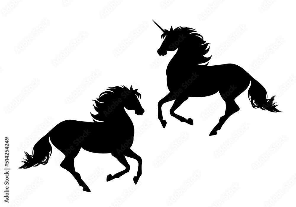 black and white vector silhouette outline set of running mustang and fairy tale unicorn horse