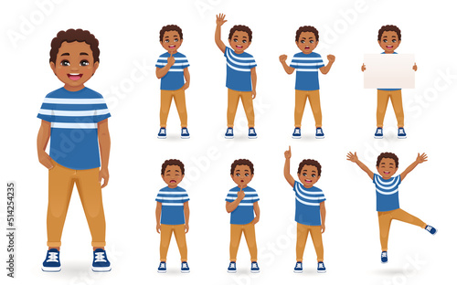 Smiling cute little boy in different poses set. Various kid gestures - thinking, angry, crying, jumping, welcoming, holding empty blank board and making idea pointing up isolated vector illustration