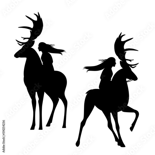 fairy tale forest nymph riding wild deer with big antlers - black vector silhouette design set of majestic stag and woman rider