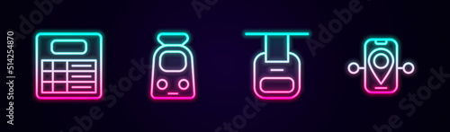 Set line Train station board, and railway, Cable car and Route location. Glowing neon icon. Vector