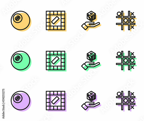 Set line Game dice, Billiard pool snooker ball, Board game and Tic tac toe icon. Vector