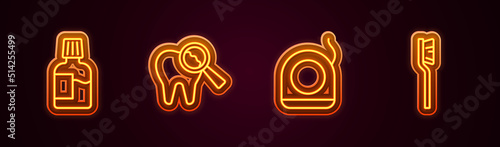 Set line Mouthwash, Broken tooth, Dental floss and Toothbrush. Glowing neon icon. Vector