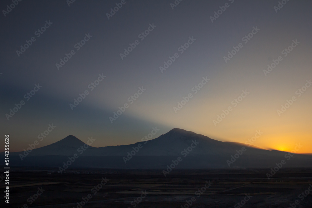 Mountain Ararat on sunset. 
View of Masis & Sis from Armenia.
Beautiful Ararat scene from the top.