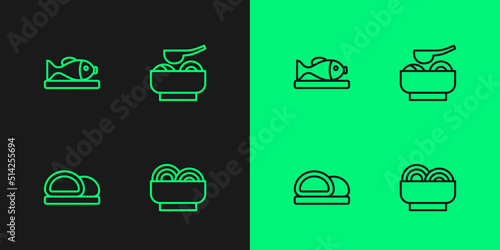 Set line Asian noodles in bowl, Sushi, Served fish on plate and Ramen soup icon. Vector