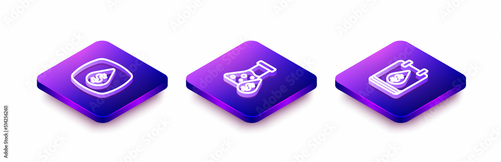 Set Isometric line Oil drop with dollar symbol, petrol test tube and icon. Vector Set Isometric line Oil drop with dollar symbol, petrol test tube and icon. Vector