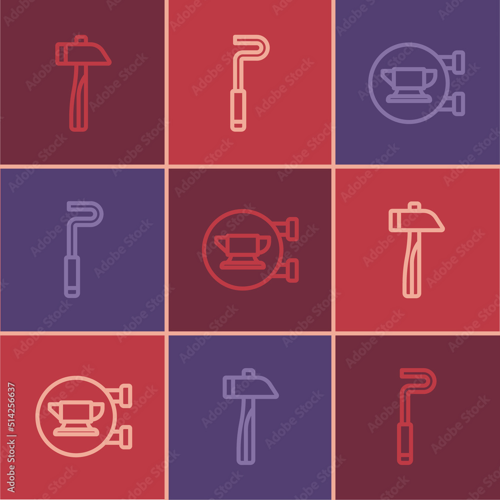 Set line Hammer, Blacksmith anvil tool and Fire poker icon. Vector Set line Hammer, Blacksmith anvil tool and Fire poker icon. Vector