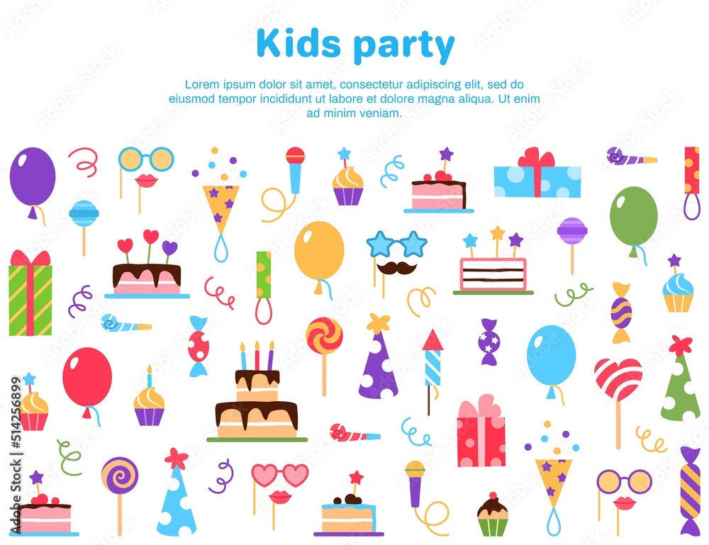 Kids Birthday party web page template with text space on white background. Festive party elements present balloons cupcakes fire cracker gift box cake hat lollipop candy dessert vector illustration.