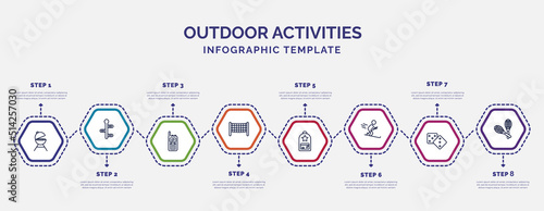infographic template with icons and 8 options or steps. infographic for outdoor activities concept. included barbacue, walkie talkies, volleyball net, backpacks, skii, table game, racket icons.