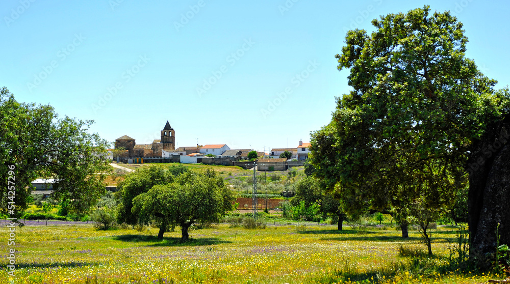 Vista de Carrascalejo pueblo cerca de Mérida en la Via de la Plata, en la provincia de Badajoz Extremadura España. La Vía de la Plata es el nombre del Camino de Santiago entre Sevilla y Compostela.