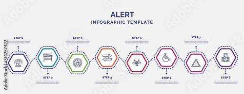 infographic template with icons and 8 options or steps. infographic for alert concept. included siren, fire button, two way, biological hazard, handicap, caution, police station icons.