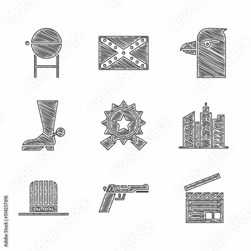 Set Medal with star, Pistol or gun, Movie clapper, City landscape, Patriotic American top hat, Cowboy boot, Eagle head and Barbecue grill icon. Vector