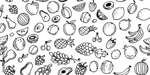 Garden fruits. Edible food plants. Seamless pattern. Monochrome drawing. Hand drawing outline. Isolated on white background. Vector
