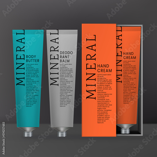 Vector Beauty Gift Box Packaging with Cosmetic Hand Cream, Deodorant or Lip Balm with metallic Screw Cap. Minimal Vibrant Color Minimal Design.