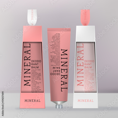 Vector Beauty Gift Box Packaging with Cosmetic Hand Cream, Deodorant or Lip Balm with metallic Screw Cap. Minimal Vibrant Color Minimal Design.