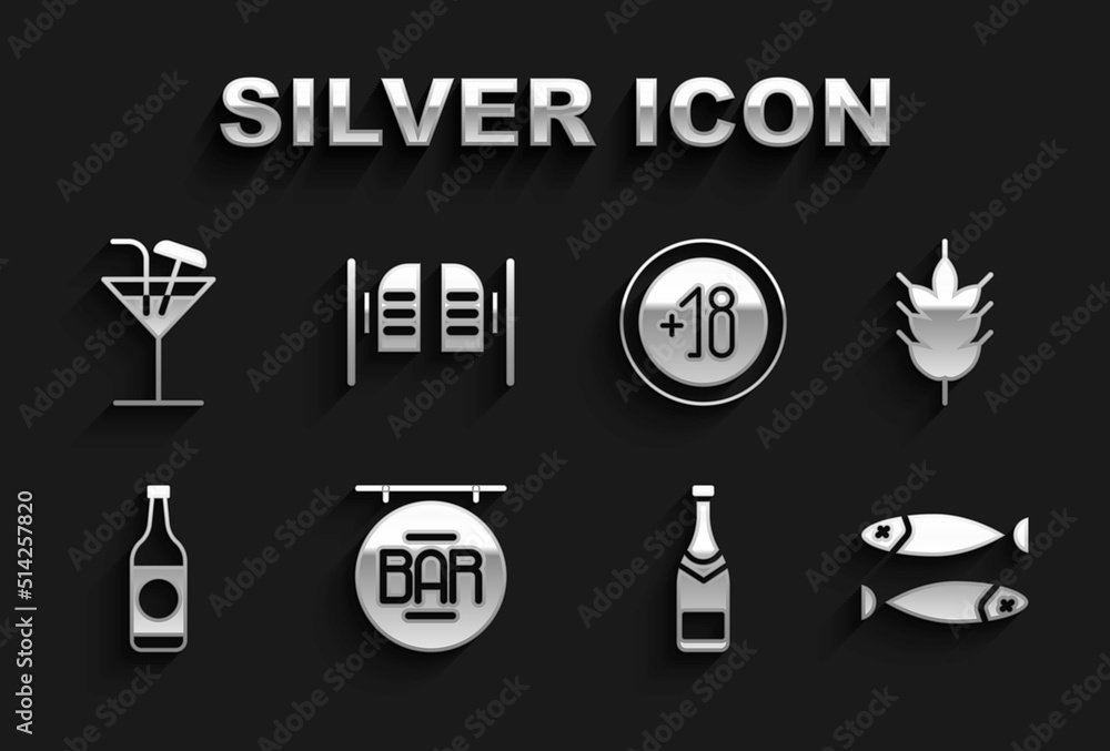 Set Street signboard with Bar, Hop, Dried fish, Champagne bottle, Beer, Alcohol 18 plus, Cocktail and Saloon door icon. Vector Set Street signboard with Bar, Hop, Dried fish, Champagne bottle, Beer, Alcohol 18 plus, Cocktail and Saloon door icon. Vector