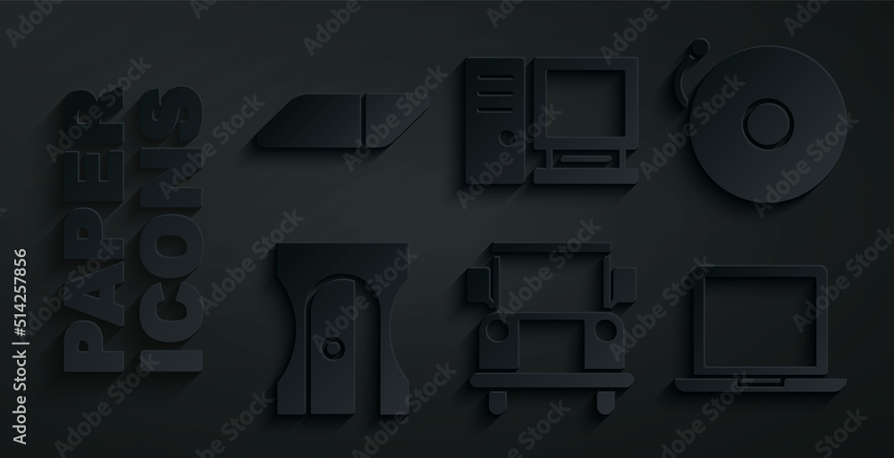 Set School Bus, Ringing alarm bell, Pencil sharpener, Laptop, Computer monitor and Eraser rubber icon. Vector Set School Bus, Ringing alarm bell, Pencil sharpener, Laptop, Computer monitor and Eraser rubber icon. Vector