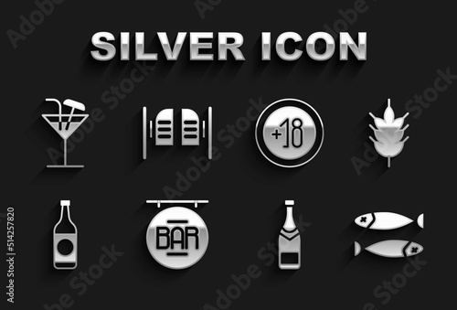 Set Street signboard with Bar, Hop, Dried fish, Champagne bottle, Beer, Alcohol 18 plus, Cocktail and Saloon door icon. Vector
