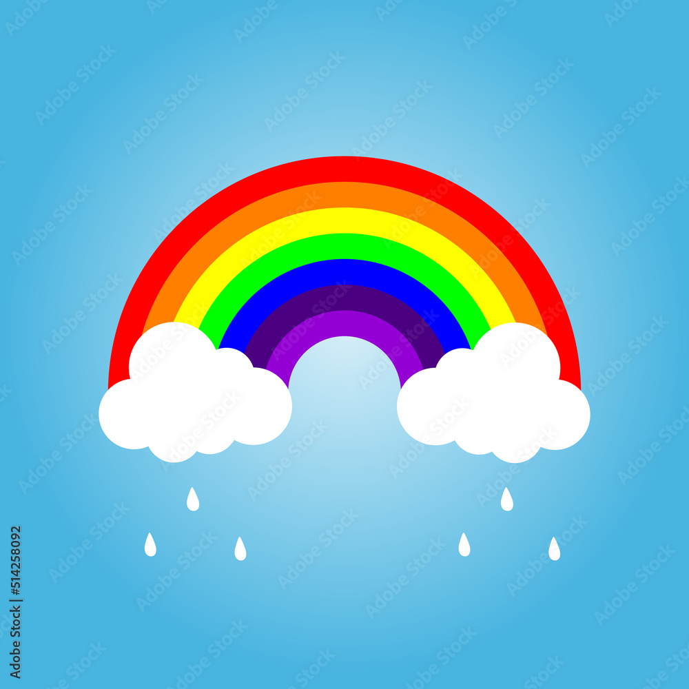 Rainbow and clouds with water drop isolated sky blue background Rainbow and clouds with water drop isolated sky blue background
